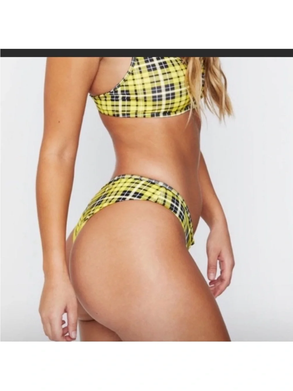 NWT Frankie's 2pc yellow plaid Alana bikini Swimsuit set Top + Boy shorts M/L